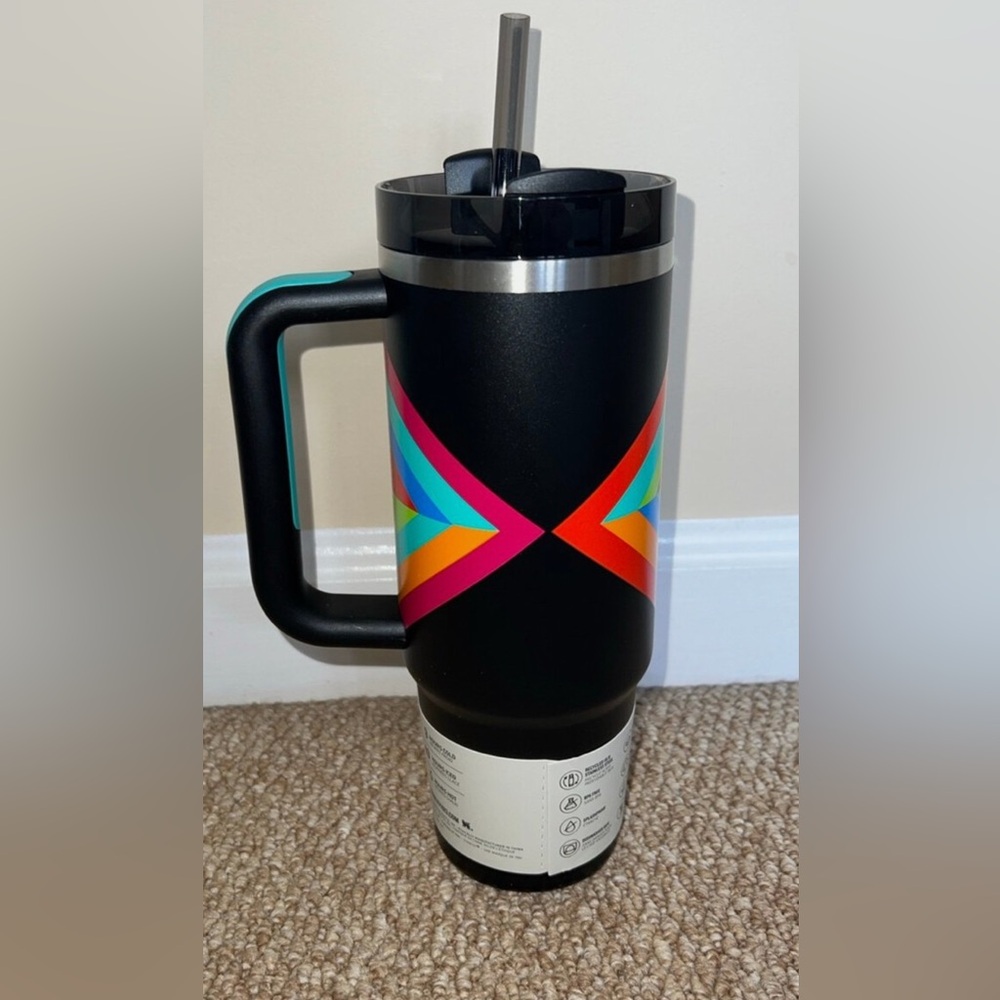 Stanley Black Travel Mug with Teal Logo and Multicolor Chevron Accents - Picture 2 of 3